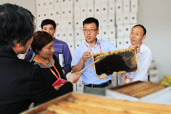 刘洪涛在养蜂基地与同学们交流分享